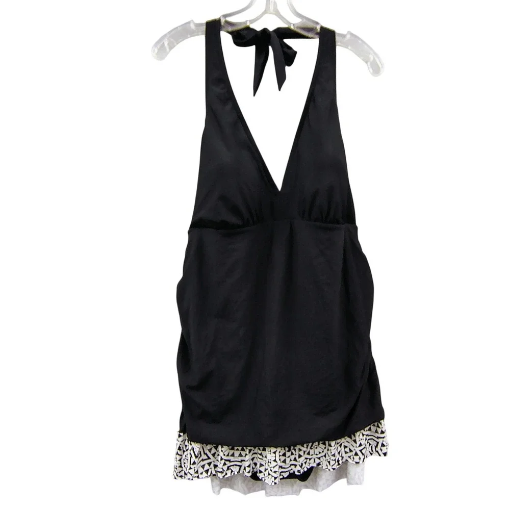 Apt 9 Womens 2X Black Halter Tankini Top Geometric Ruffle Trim Padded‎ Swimwear
